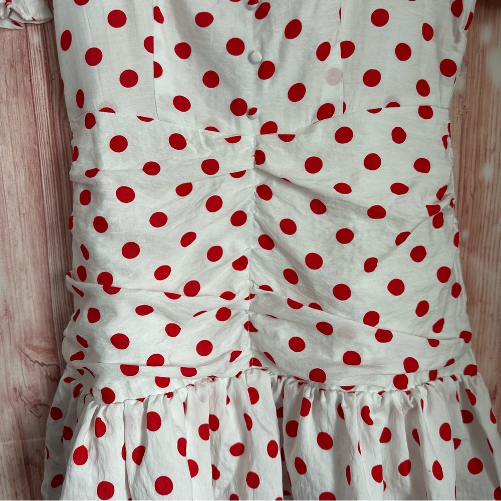 Endless Rose White Retro Style Red Polka Dot Ruffle Hem Ruched Mini Dress Size M - Picture 8 of 16